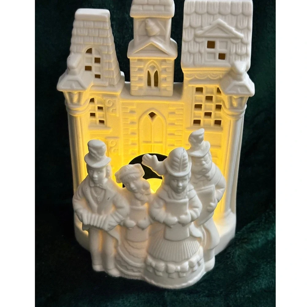 Party Lite White Ceramic Christmas Village Tea Light Holder Victorian Carolers